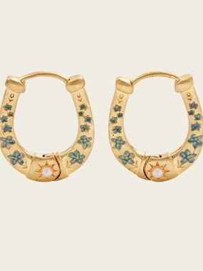NWOT Gold Lucky in Love Hoop Earrings - Floral Enamel with Pearl Accent